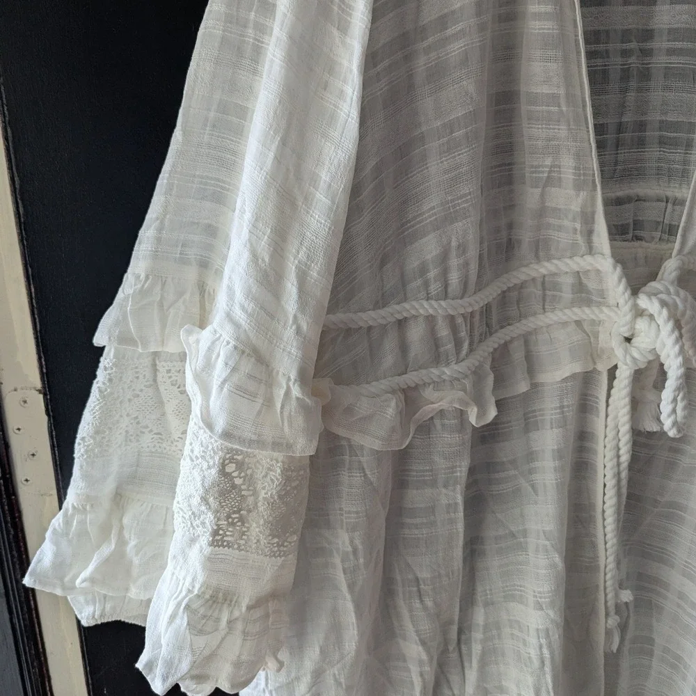 White Gauze Kimono Duster Ruffle Lace‎ Rope Tie Sz 3X Longline Fairy Resortwear